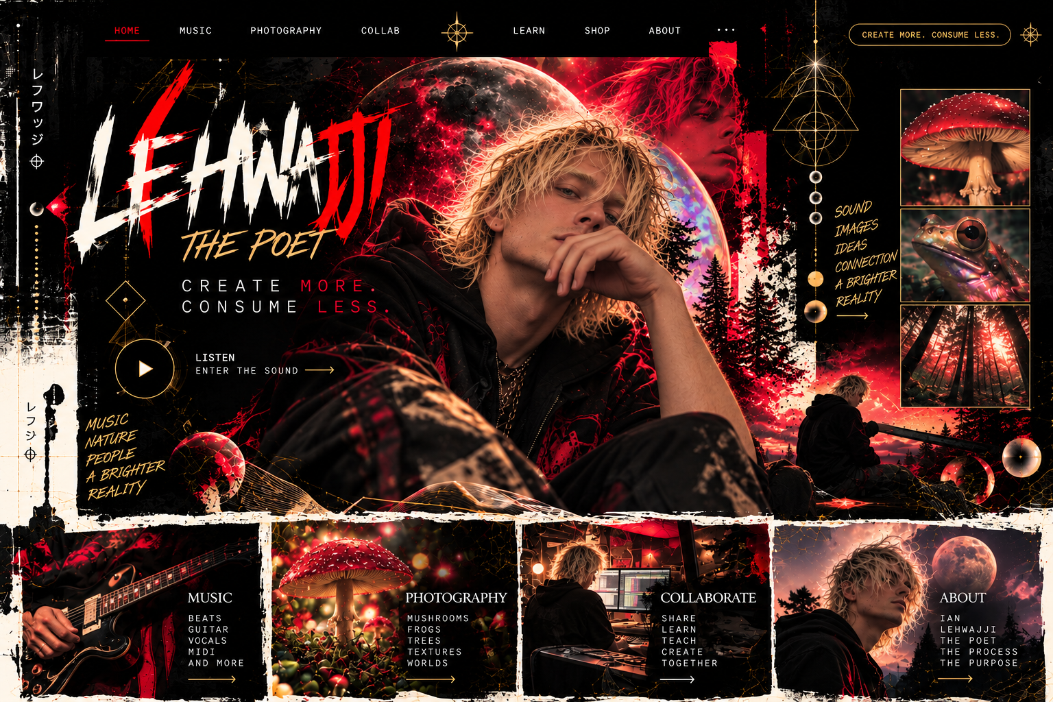 Lehwajji the Poet surrounded by music, nature photography, cosmic imagery, and creative studio scenes